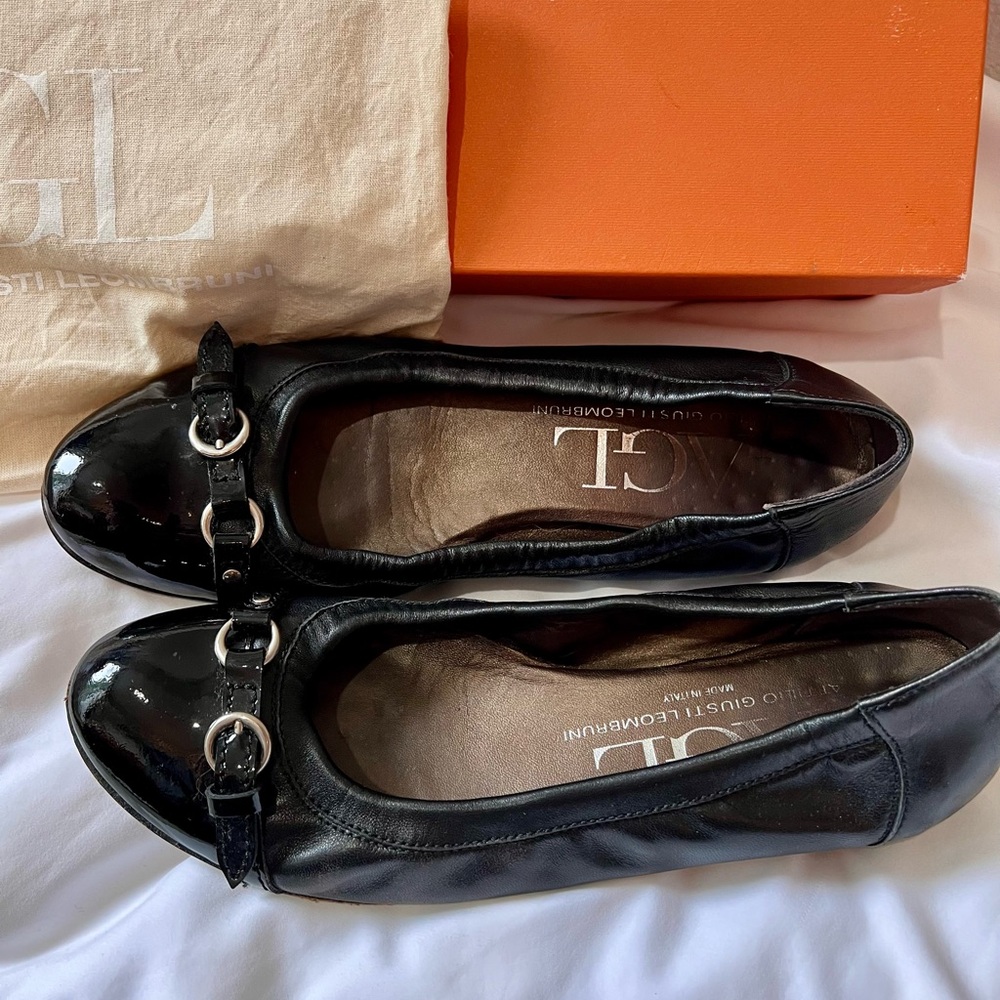 AGL Monika Cap Toe Ballet Flat, black Napa leather, size 39, made in Italy